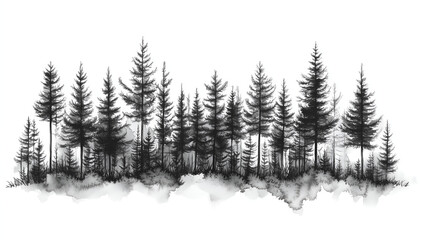 Obraz premium Black ink drawing of forest trees landscape on white background