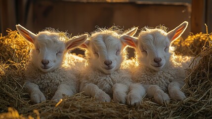 Fototapeta premium Three Newborn Lambs Sleeping Peacefully in Hay