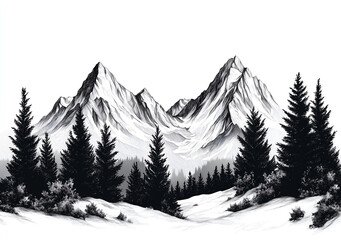 Hand-drawn illustration of mountains and trees, clean lines, white background