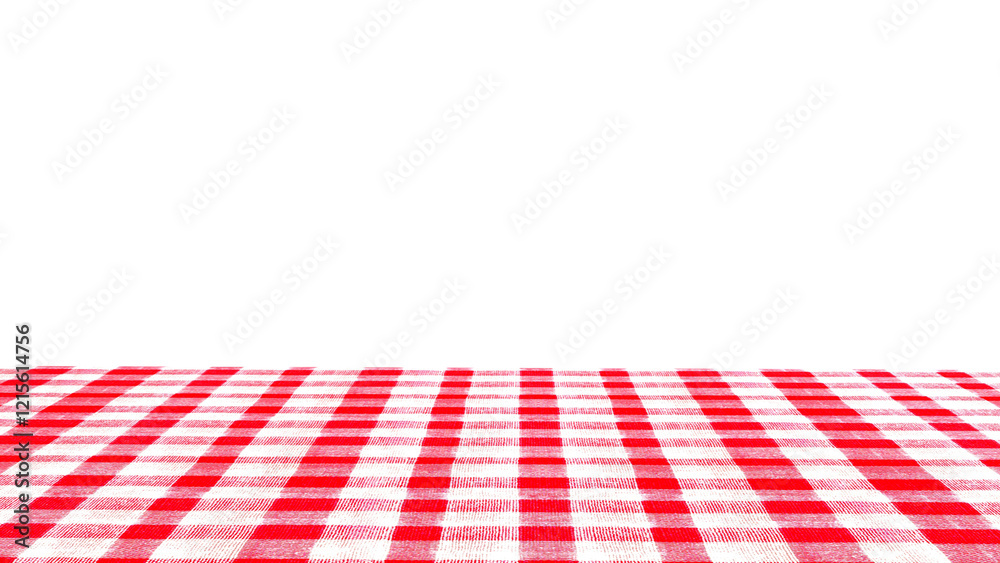 Fototapete empty table with red checkered tablecloth and white background. table with red checkered cloth isola