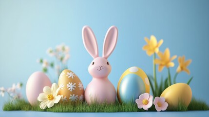 Obraz premium Charming pastel Easter scene featuring a cute pink bunny surrounded by colorful decorated eggs, blooming flowers, and fresh green grass against a serene blue background