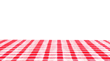 Empty table with red checkered tablecloth and white background. Table with red checkered cloth isolated on white.