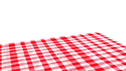 Empty table with red checkered tablecloth and white background. Table with red checkered cloth isolated on white.