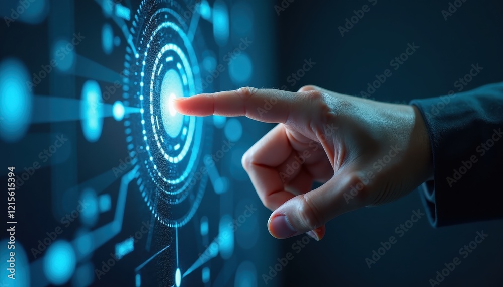 Poster hand interacting with a futuristic digital interface. a finger touches a glowing central node in a n
