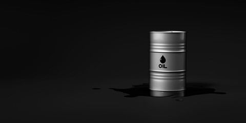 Single silver metal oil barrel stand on spilled puddle of crude oil on black background. Black oil pond. Industry concept. 3d render illustration