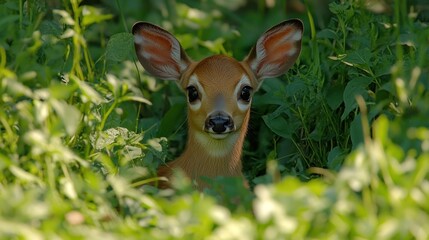 Fawn hiding in tall grass, nature scene