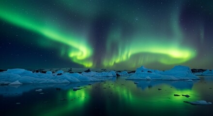 Naklejka premium A serene arctic landscape with glowing icebergs and a shimmering aurora in the sky