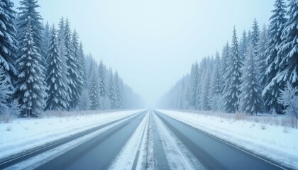 Winter wonderland road scene.  Snow-covered pine trees line a highway disappearing into the misty distance. Serene and peaceful winter landscape.