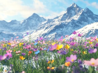 Obraz premium Vibrant Wildflowers and Snow-Capped Peaks