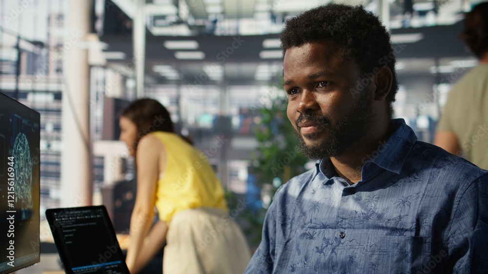 Poster man doing data entry, typing on keyboard on pc, solving tasks. close up of office clerk in workspace