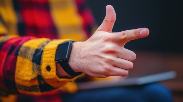 Man pointing outdoors wearing smartwatch, book nearby