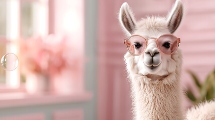 Llama wearing glasses, indoor, pink background, bubble