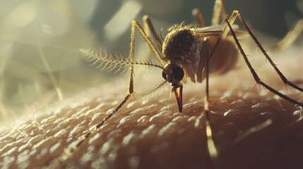Fototapeta premium Microscopic View: Aedes Aegypti Mosquito & Zika Virus on Human Skin - Medical Illustration, Healthcare, Public Health, Disease Vector, Tropical Disease, 