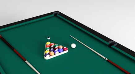 Closeup Billiard table. Billiard table with balls and cue isolated on white background