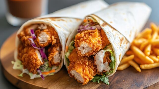 Crispy chicken wraps filled with fresh vegetables, served with a side of golden fries. A perfect choice for a satisfying and appetizing meal, showcasing a flavorful and balanced food presentation.