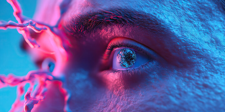 Close-up of Human Eye with Digital Globe Reflection and Pink Fluid Splashes
