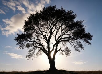 Fototapeta premium A serene tree stands tall against the sky with silhouetted branches , trees, nature, flight