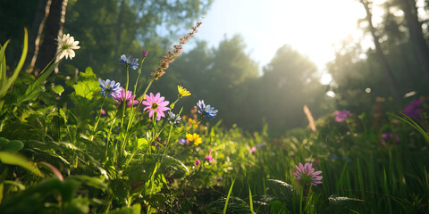 Wildflowers in a Sunlit Forest Clearing