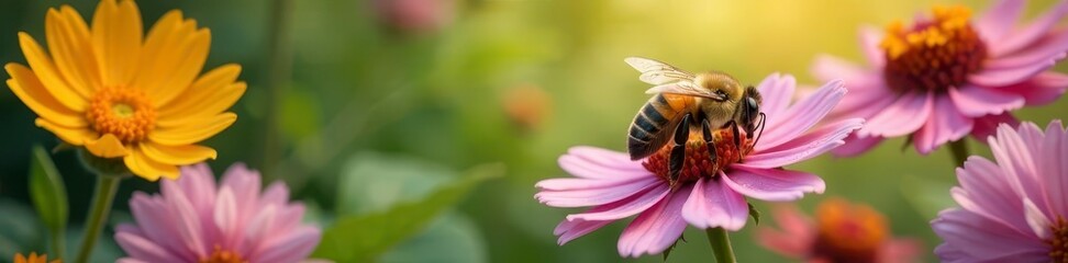 Beautiful bee surrounded by blooming flowers and greenery, bees,  insects,  garden