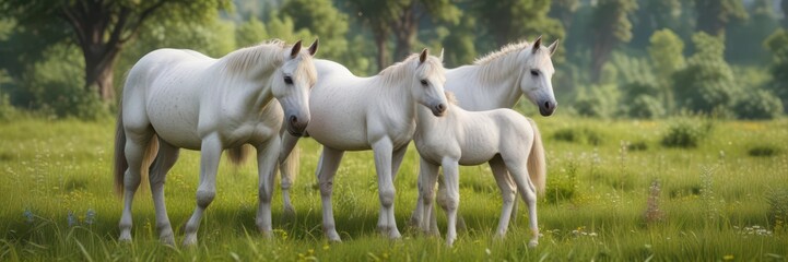 Obraz premium A young unicorn mare and foal grazing in a lush meadow, calm, wild, unicorn