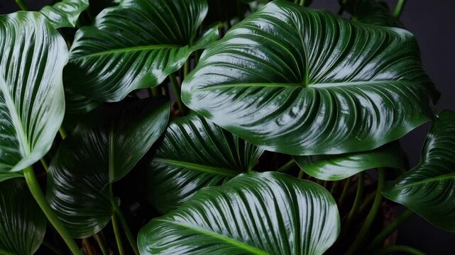 leaves of Spathiphyllum cannifolium in the garden, abstract green texture, nature dark tone background, tropical leaf
