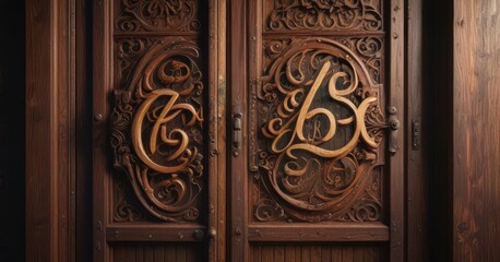 Calligraphic lettering on a vintage wooden door, architectural, wooden doors, details