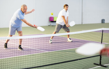Focused resolved elderly man playing friendly pickleball match in team with male partner on indoors...