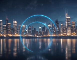 Naklejka premium Circular bokeh effect on blue background with city lights , glow, abstract, bokeh