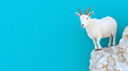 Obraz premium Mountain goat standing on rocky outcrop blue background animal photography natural environment close-up view wildlife concept
