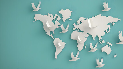 Obraz premium Global flight of paper birds across a world map creative concept minimalist design soft color palette