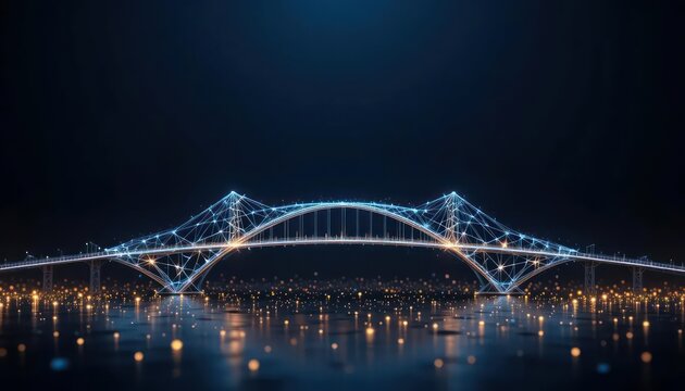 A glowing blue node structure forms a bridge over a reflective surface, creating a visually striking and futuristic scene. This image can be used for technology, architecture, or innovation themes