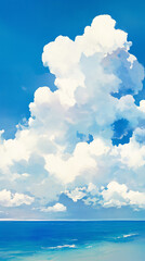 日本の夏休みを楽しむ、海の風景。1980年、1990年代の古く懐かしい日本のアニメをモチーフにしたイラスト。柔らかな水彩タッチで描いている。スマートフォン9:16のアスペクト比