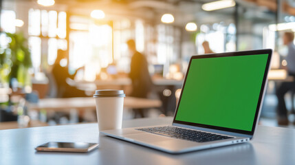 Bright Open Office Laptop with Green Screen and Coffee Cup