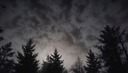 Fototapeta premium A swarm of bats flying in the dark sky above a haunted forest, misty atmosphere, dark sky, bats
