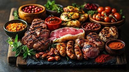 Fototapeta premium Grilled meats, veggies, spices, rustic setting, food blog