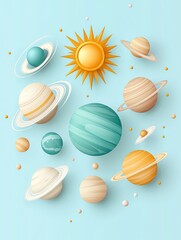 Elegant astrology background Colorful planets and sun in a cosmic scene.
