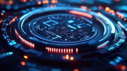 High-tech circular interface glowing in white and blue with futuristic digital design elements