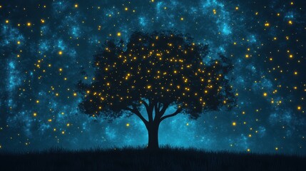 Silhouette of a tree with glowing fireflies against a black background creating a magical and serene nighttime scene