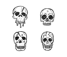 Four different shapes of skull cartoon doodles hand-drawn isolated on a white background.