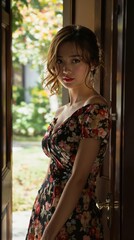 Exotic Elegance in Floral Splendor: A Japanese Woman with Red Lips, Dreamlike Beauty, and a Flowing Dress
