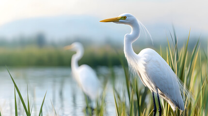 Fototapeta premium Elegant great egrets in tranquil wetlands nature photography early morning light serene environment close-up view