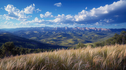 Majestic Mountain Panorama: A Breathtaking Landscape View of Serene Hills and Grassy Fields Under a Blue Sky with Fluffy Clouds