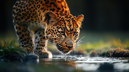 Obraz premium Leopard drinking water, forest sunset, wildlife