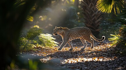 Leopard walking sunlit forest path, wildlife, nature
