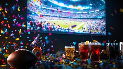 Cheerful Sports Gathering with Colorful Confetti, Refreshing Drinks, Party Hats, and Football Gathered in a Lively Atmosphere at a Game Day Celebration