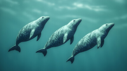 Fototapeta premium Dolphins swimming gracefully ocean depths wildlife photography underwater close-up marine conservation awareness