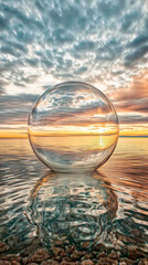 Obraz premium Glass Sphere Reflecting Sunset over Water
