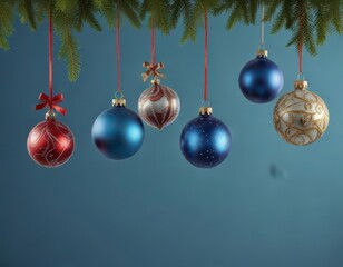 Hanging Christmas ornaments on blue background,  Decorative elements,  Blue and white,  Festive decoration