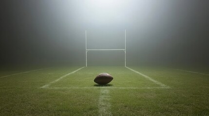 Dramatic Scene of a Rugby Ball on a Foggy Field Under Bright Lights in the Background Highlighting Goal Posts with Lush Green Grass Surrounding It