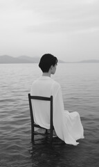 Fototapeta premium Person in White Garment Seated on Chair in Water